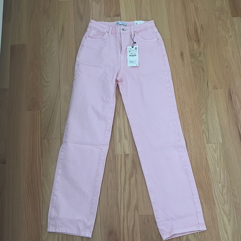 pink zara high rise straight pants